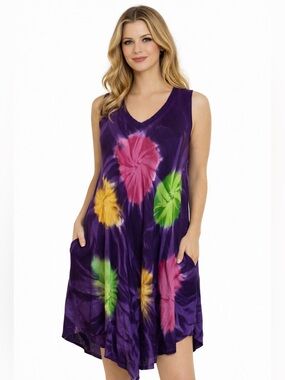 Y2K Jessica Taylor Tie Dye Rayon Dress Purple Boho Midi Swing Dress Pockets